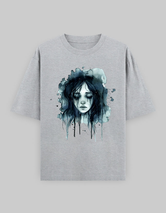 Sad Watercolor Girl Oversized T-Shirt – Grey Melange