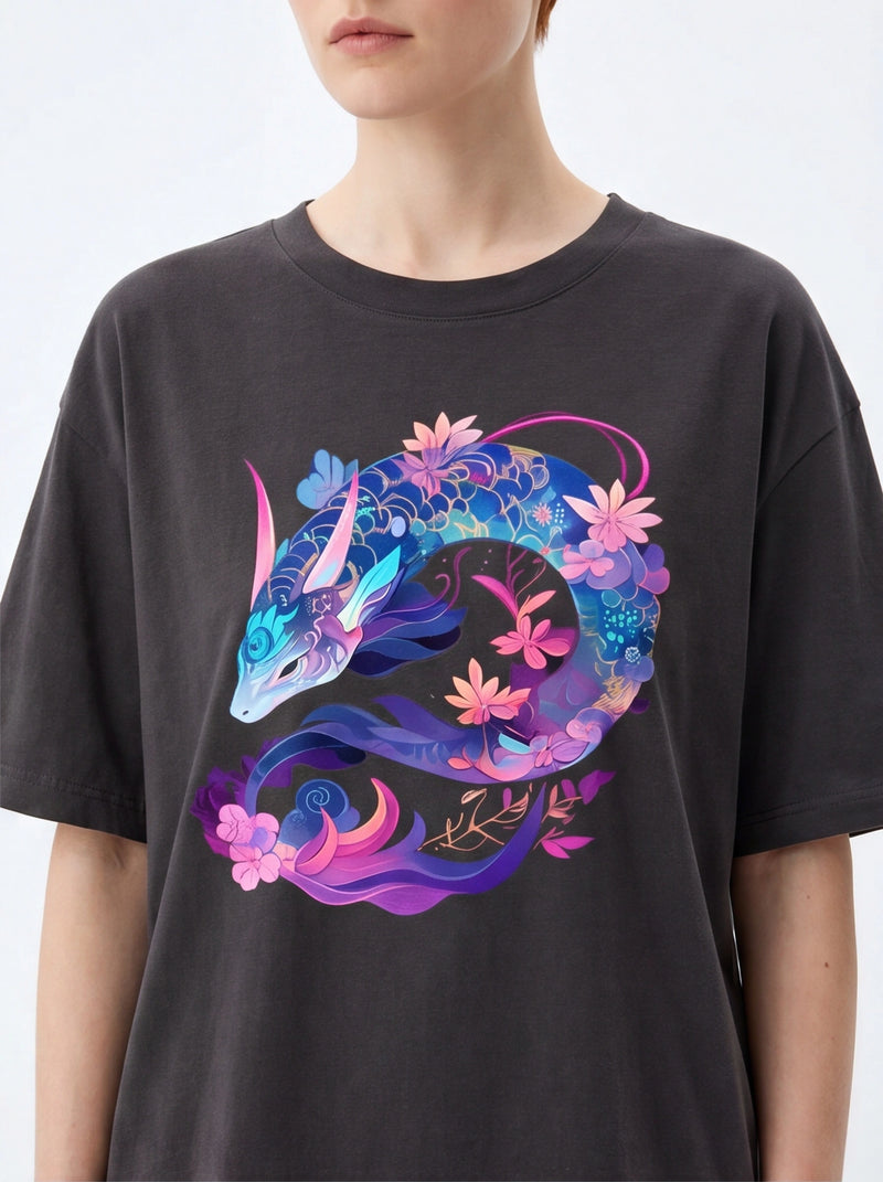 Floral Sea Dragon Oversized T-Shirt – Black