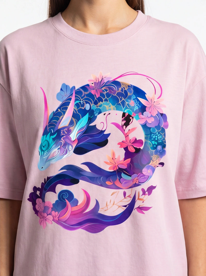 Floral Sea Dragon Oversized T-Shirt – Light Baby Pink