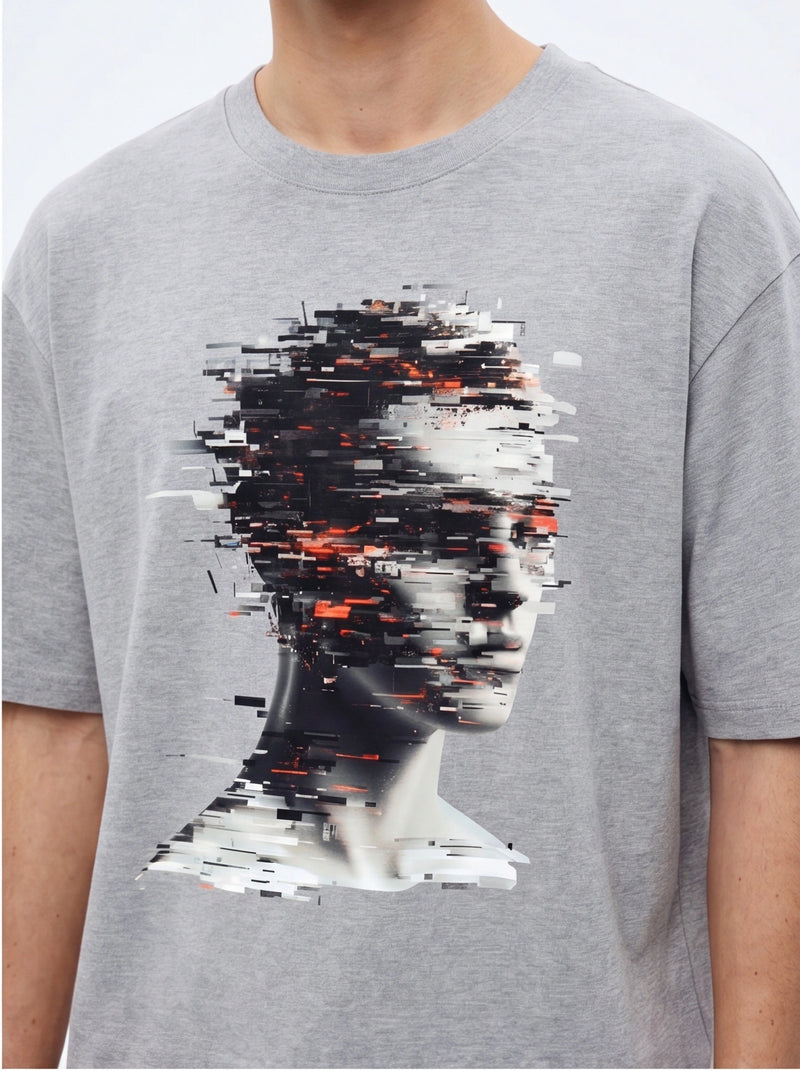 Glitching Head Oversized T-Shirt – Grey Melange