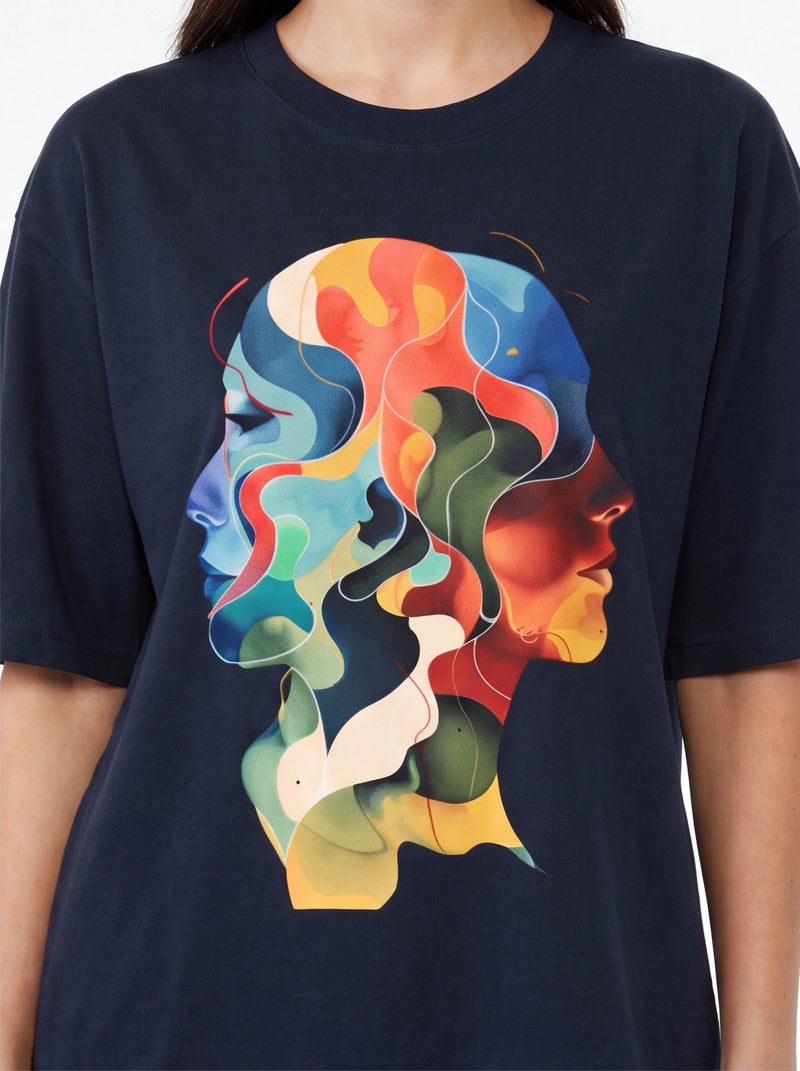 Two Faces Oversized T-Shirt – Navy Blue